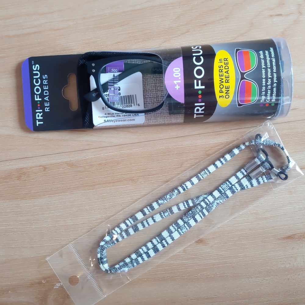 NWT Tri-focus Reading Glasses, +1.00, with Bonus Eyeglass Straps, Readers